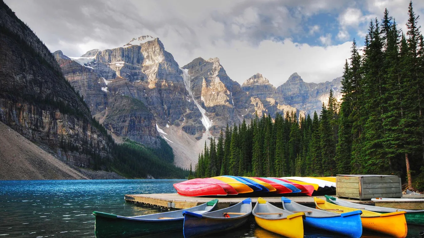 Canoes on Moraine Lake in Banff, Canada