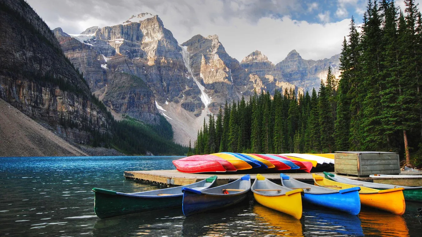 Canoes on Moraine Lake in Banff, Canada
