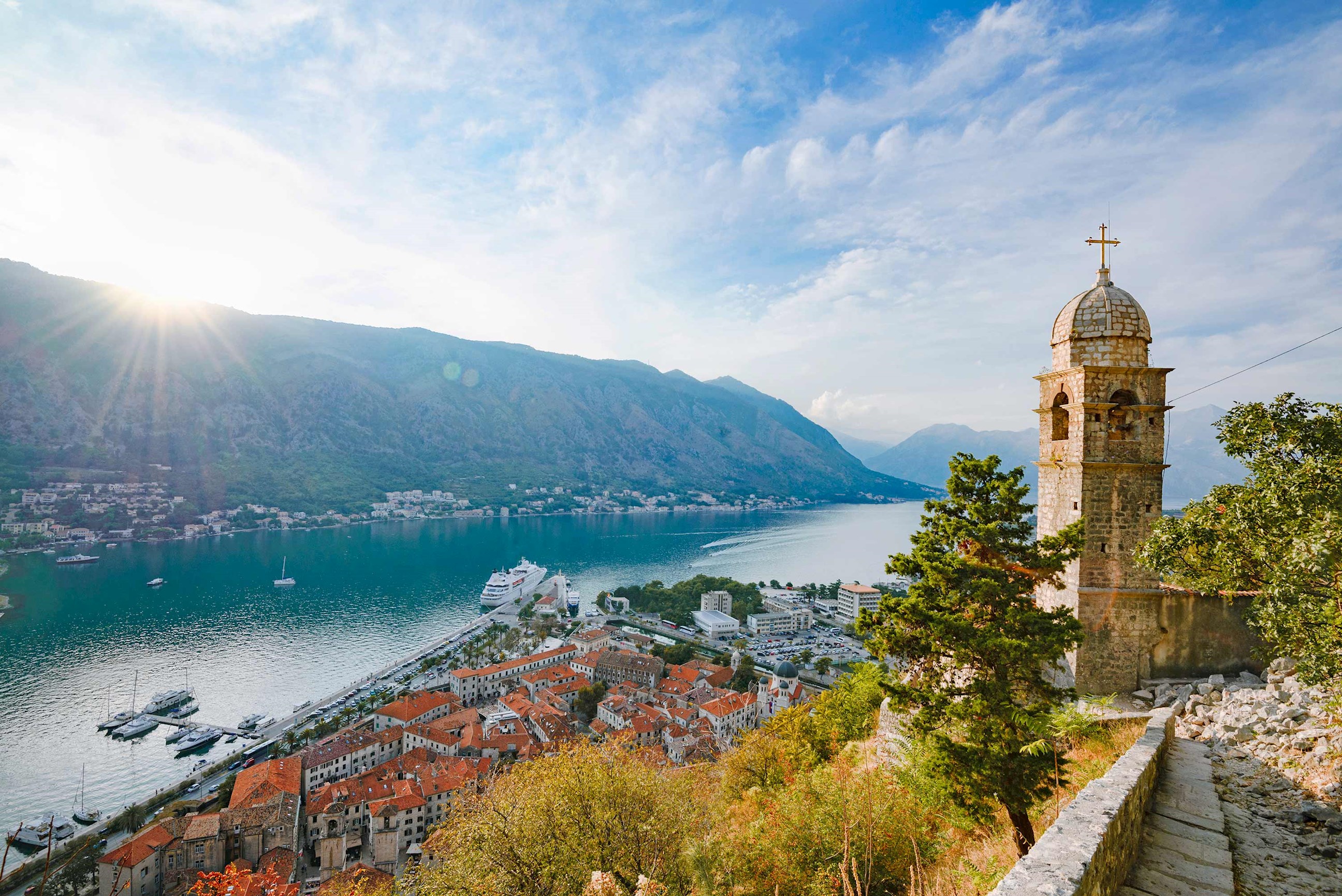 Scenic coastal view of mountains and blue water in Montenegro