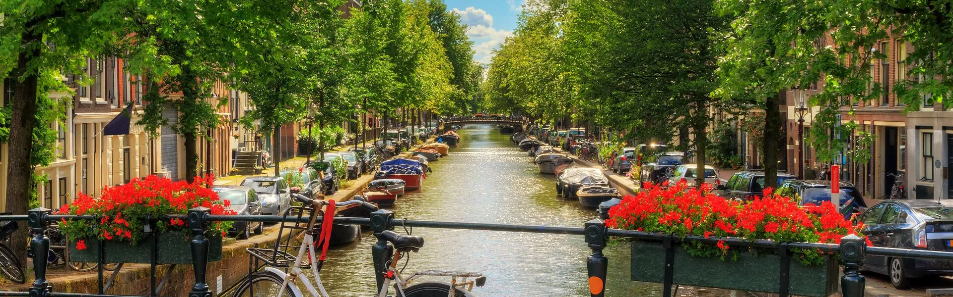 Bike on red summer bridge, Amsterdam
