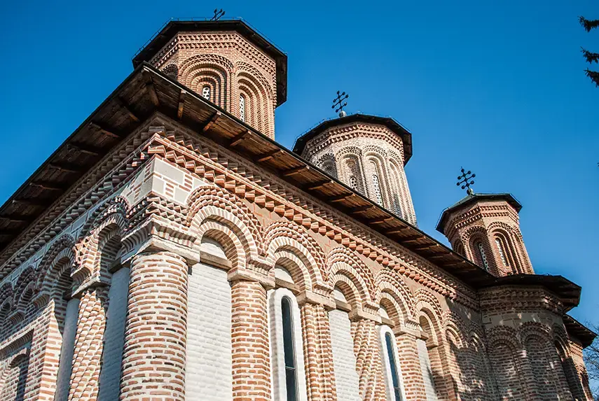 View of Snagov Monastery, a medieval Orthodox monastery on an island in Snagov