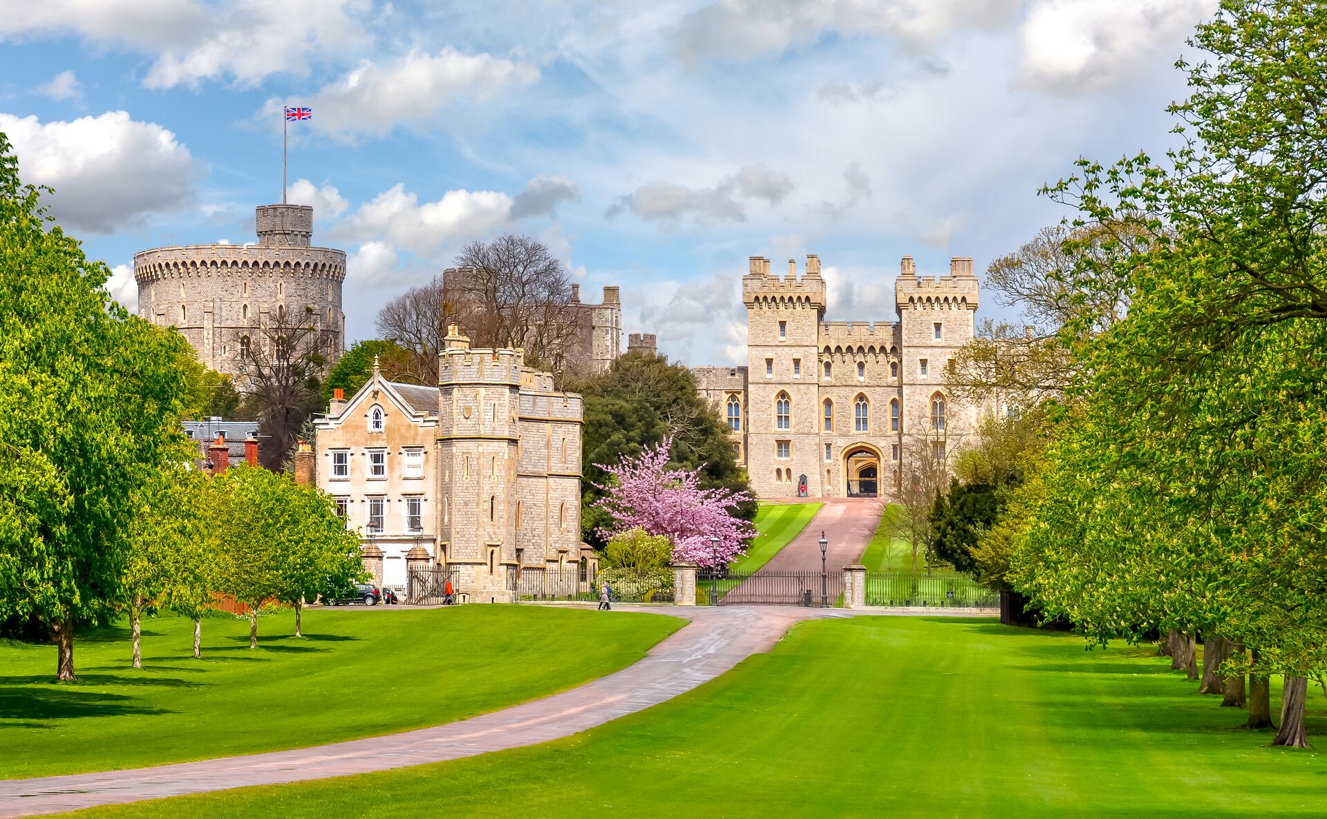 Windsor Castle behind green pastures of grass