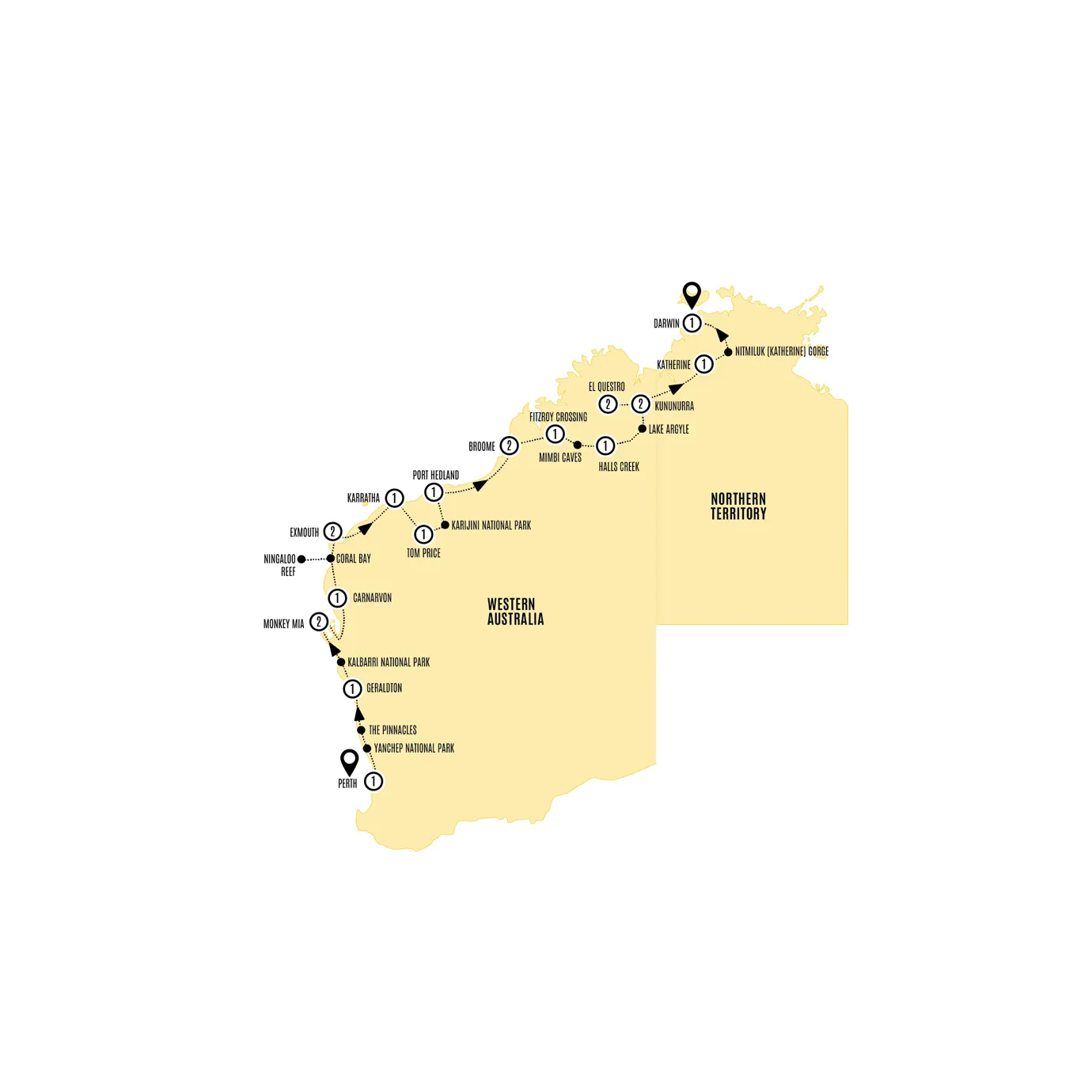 Wonders Of The West Coast And Kimberley Guided Tour Map