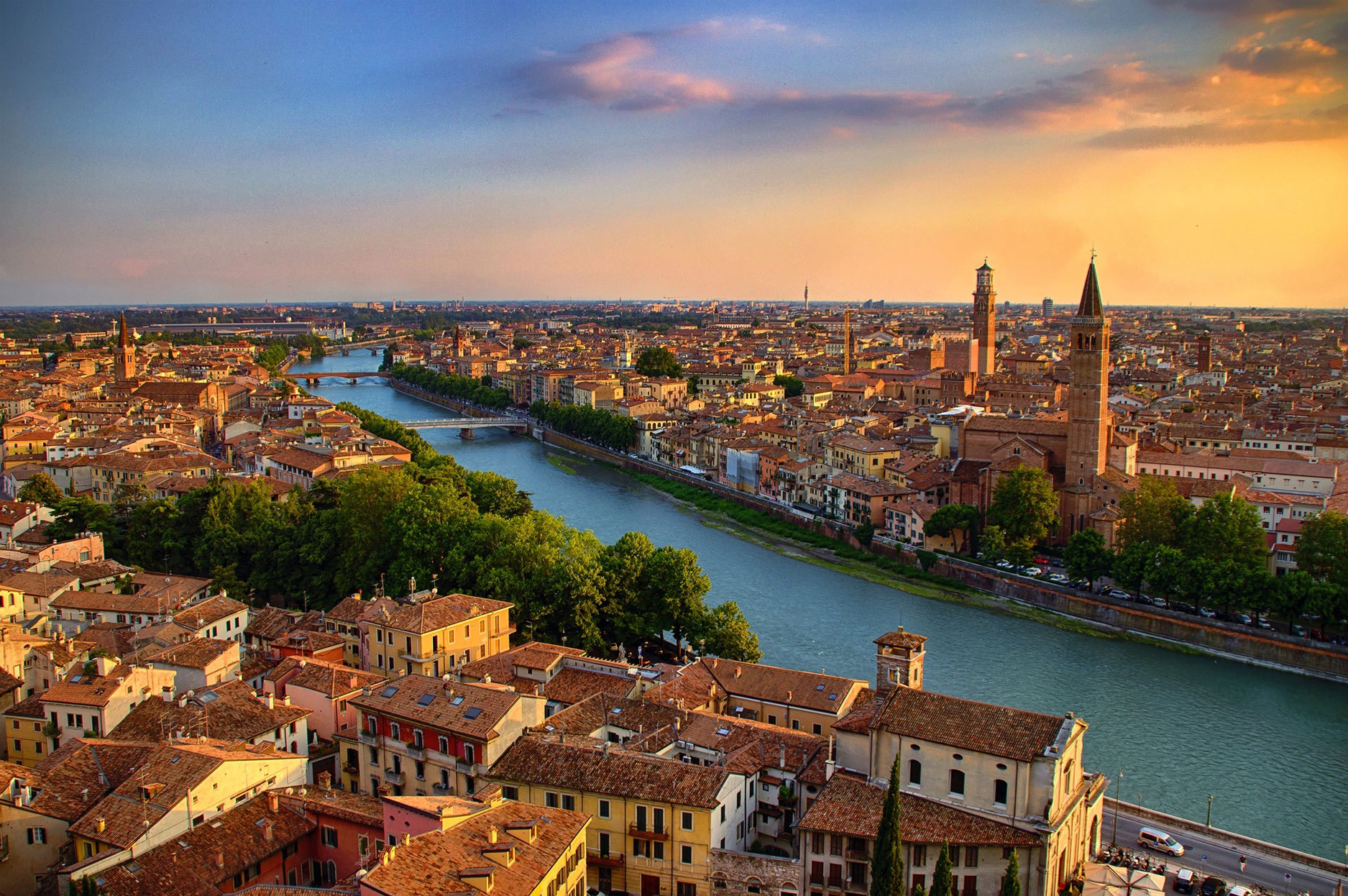 High Angle View Of River Amidst Buildings In City, Verona, Italy
