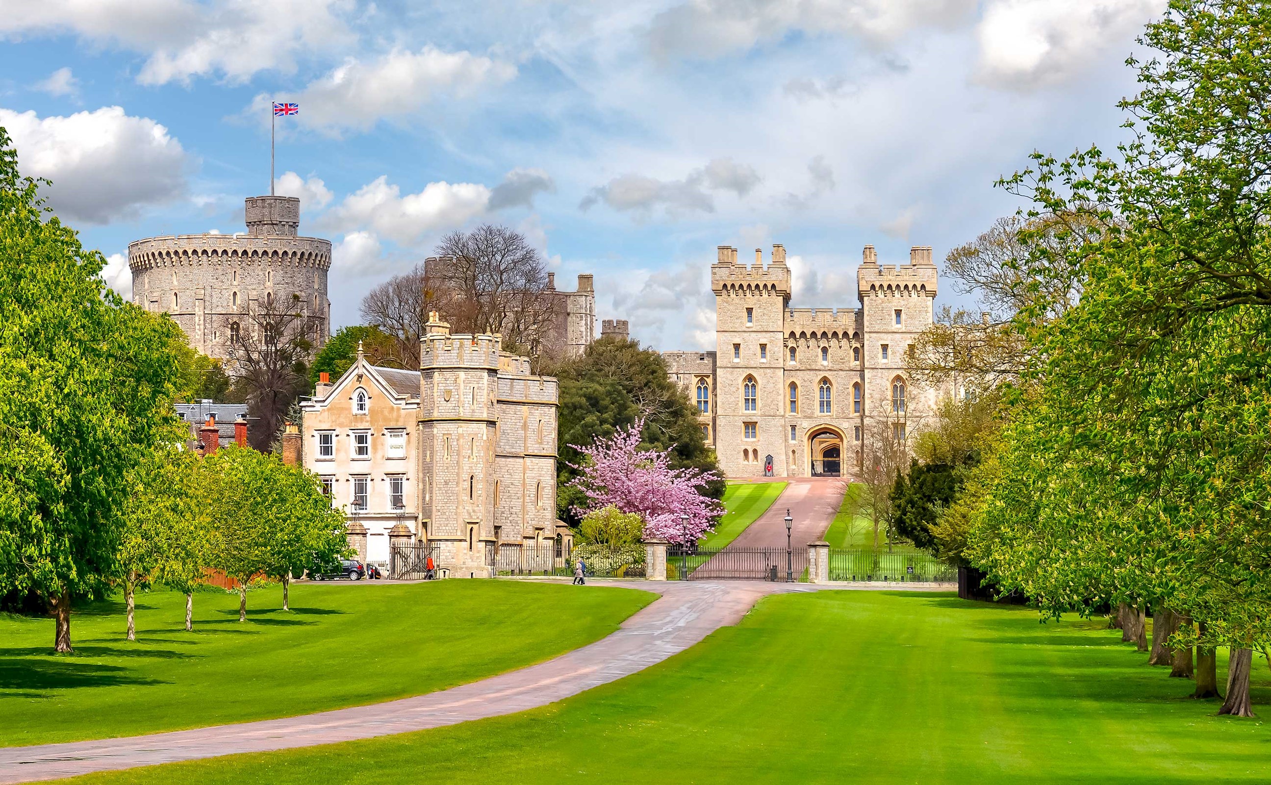 A scenic view of Windsor Castle against the blue sky in Windsor, England