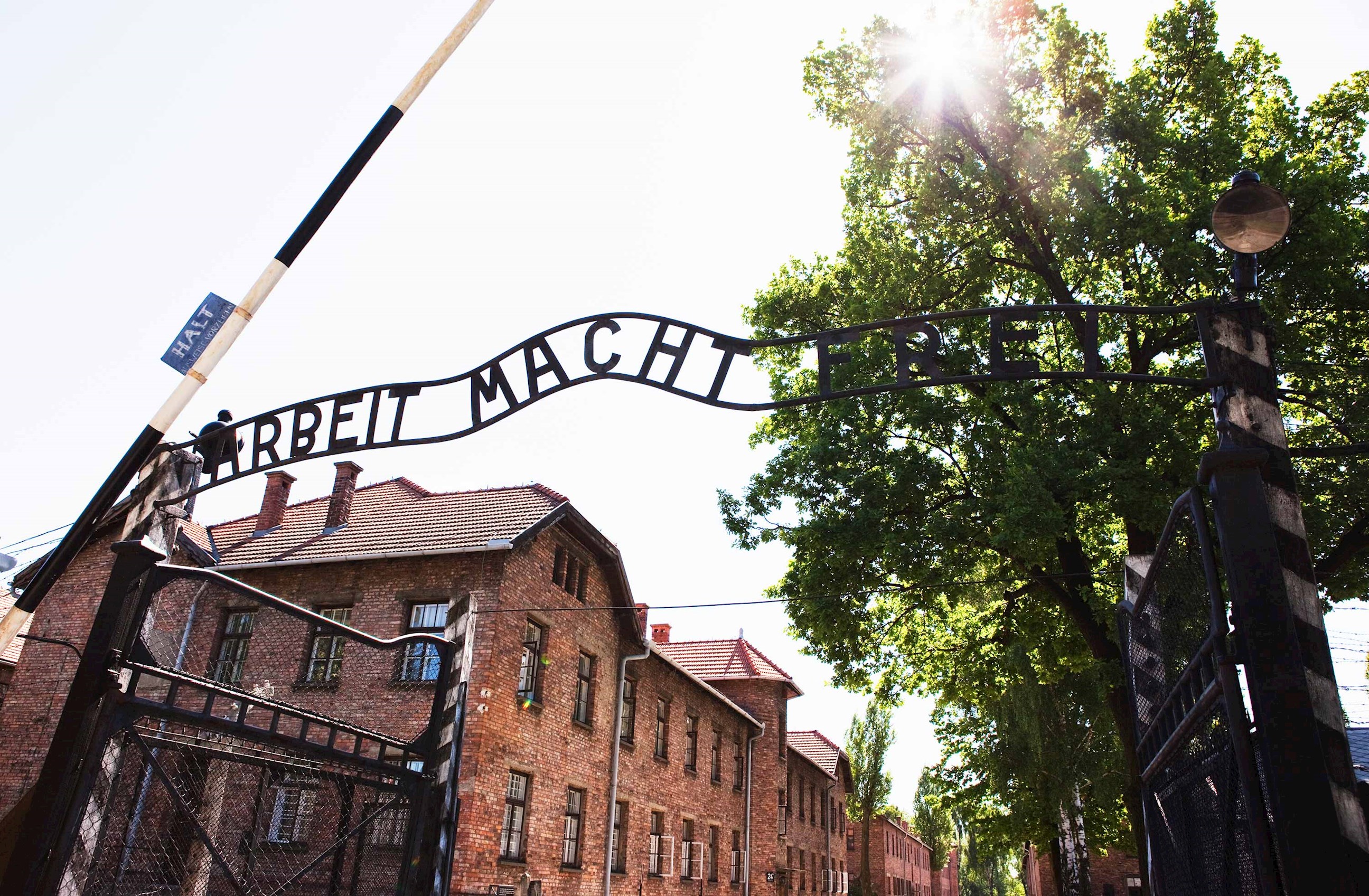 Iron entrance gate with curved inscription leading to brick buildings in Auschwitz, Poland