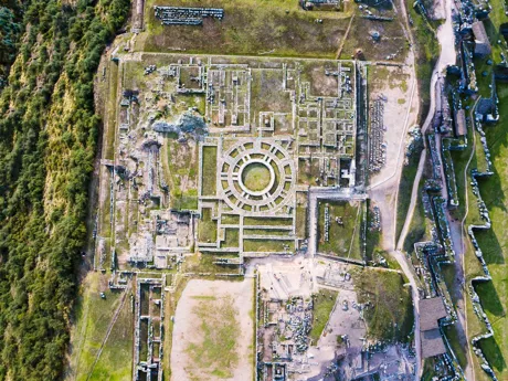 An aerial view of the Saqsaywaman citadel in northern Cusco in Peru