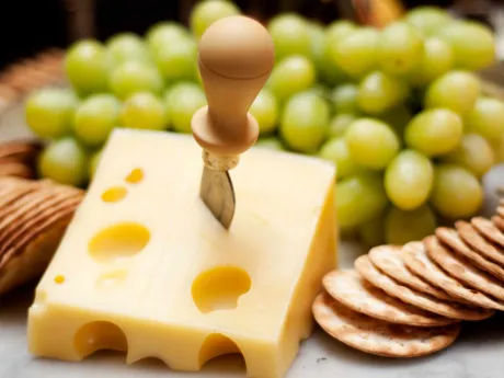 Close-up of Swiss Cheese next to crackers and grapes