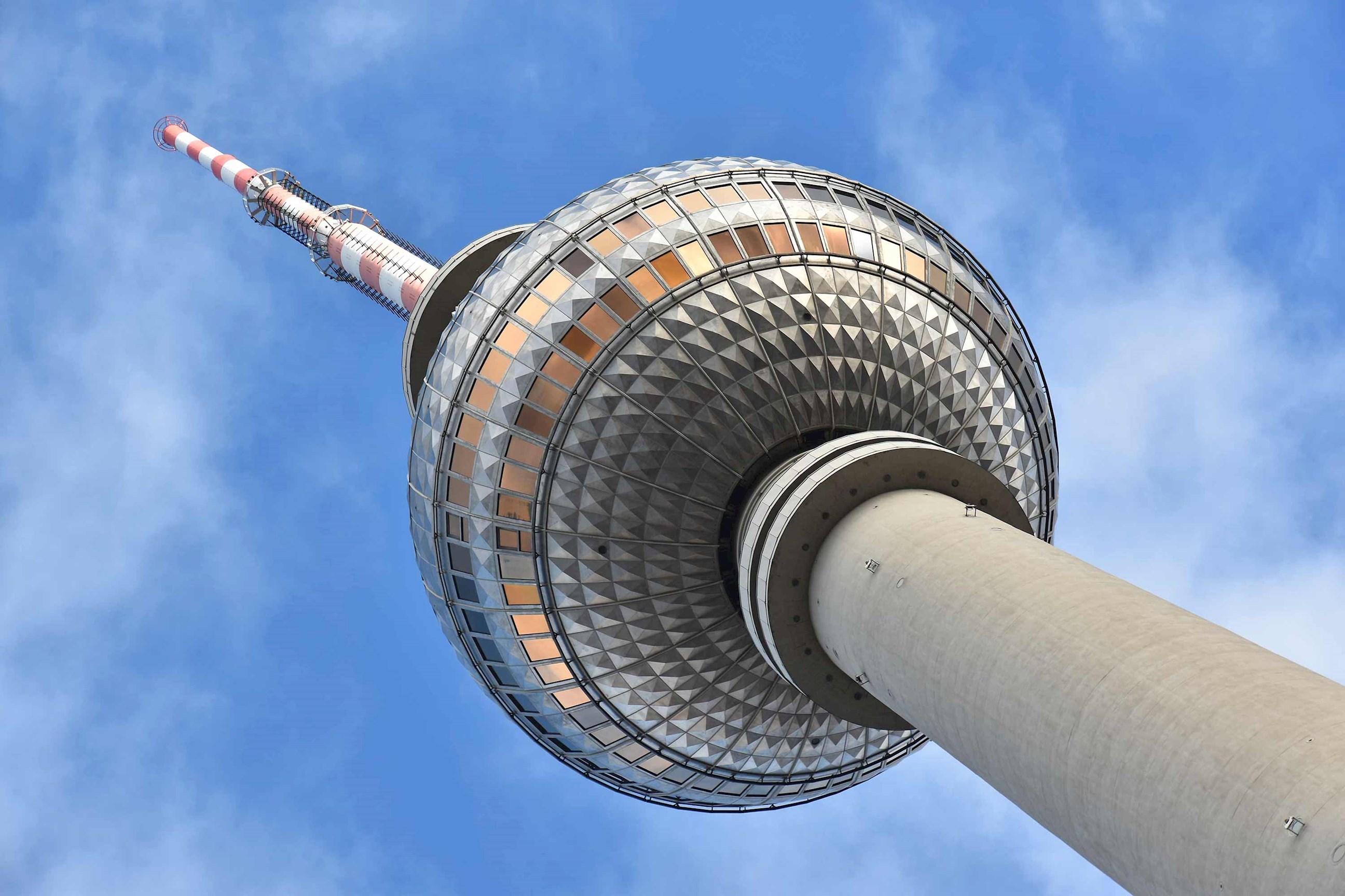 Close view of the Berlin TV Tower from below in Berlin, Germany