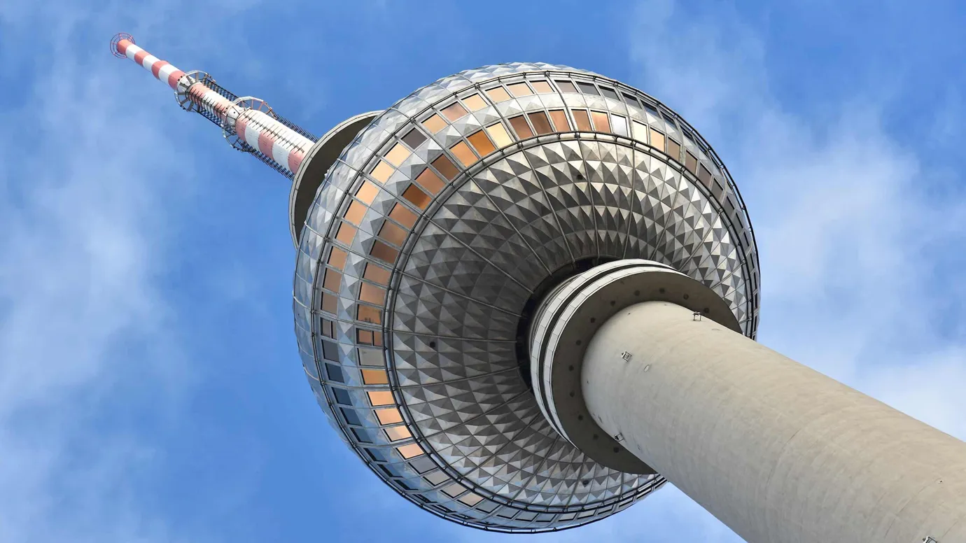 Close view of the Berlin TV Tower from below in Berlin, Germany