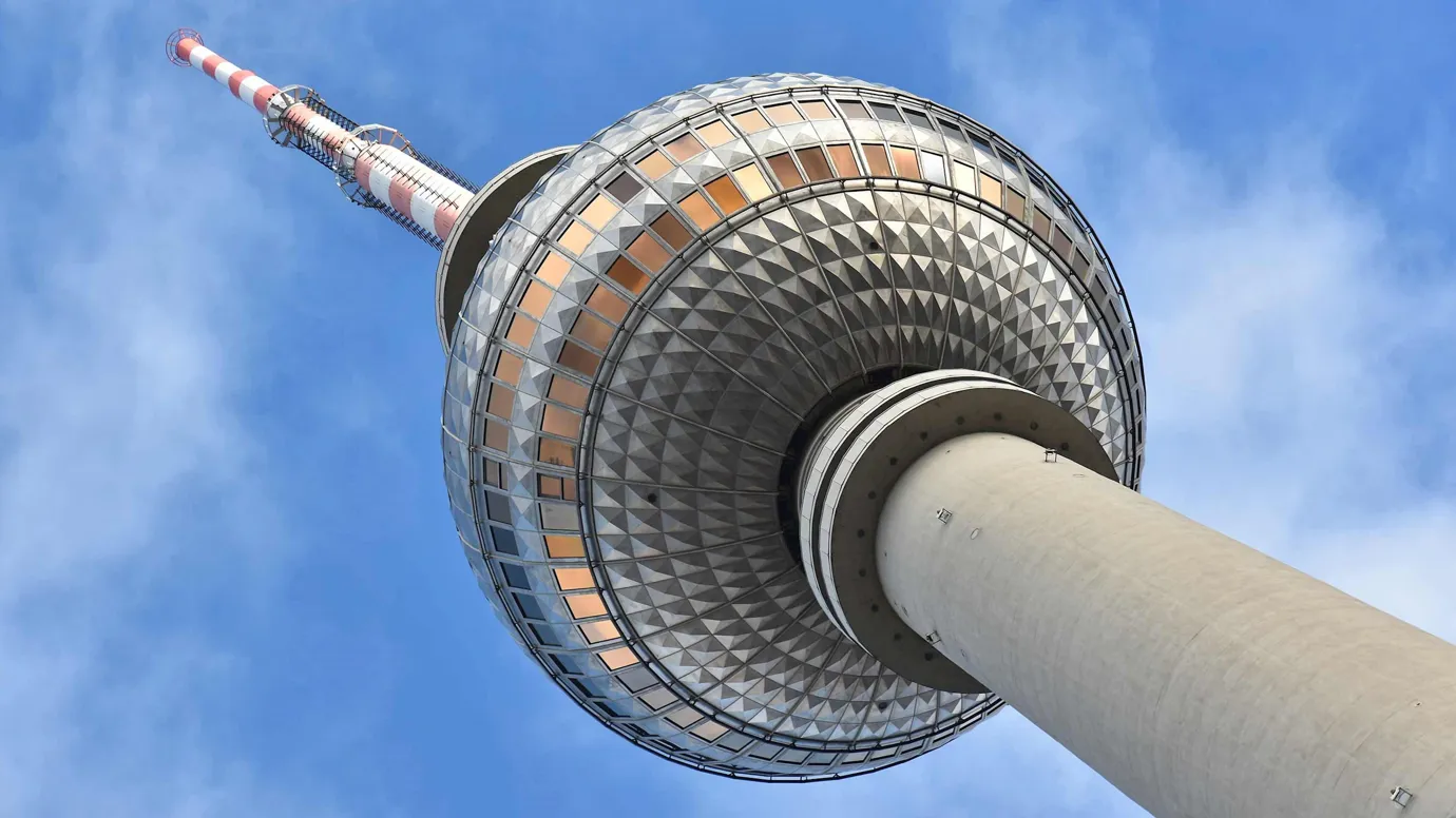 Close view of the Berlin TV Tower from below in Berlin, Germany