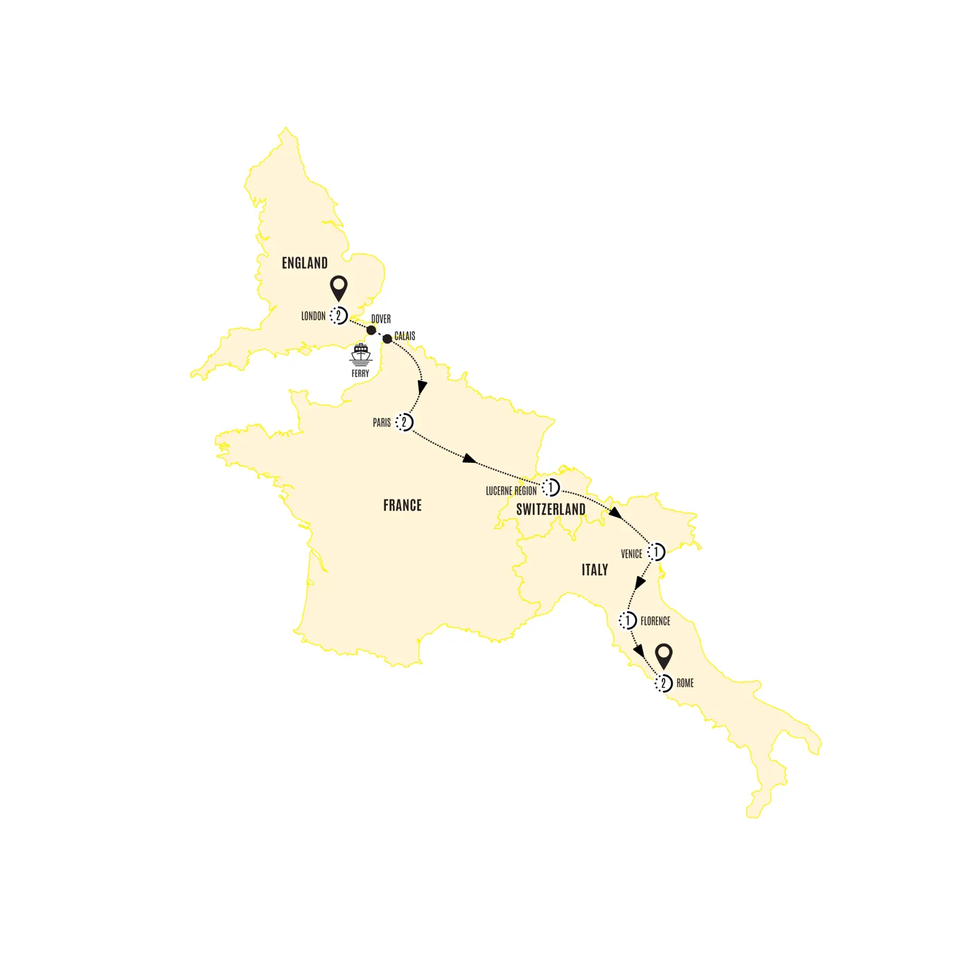 London to Rome Highlights US Guided Tour Map