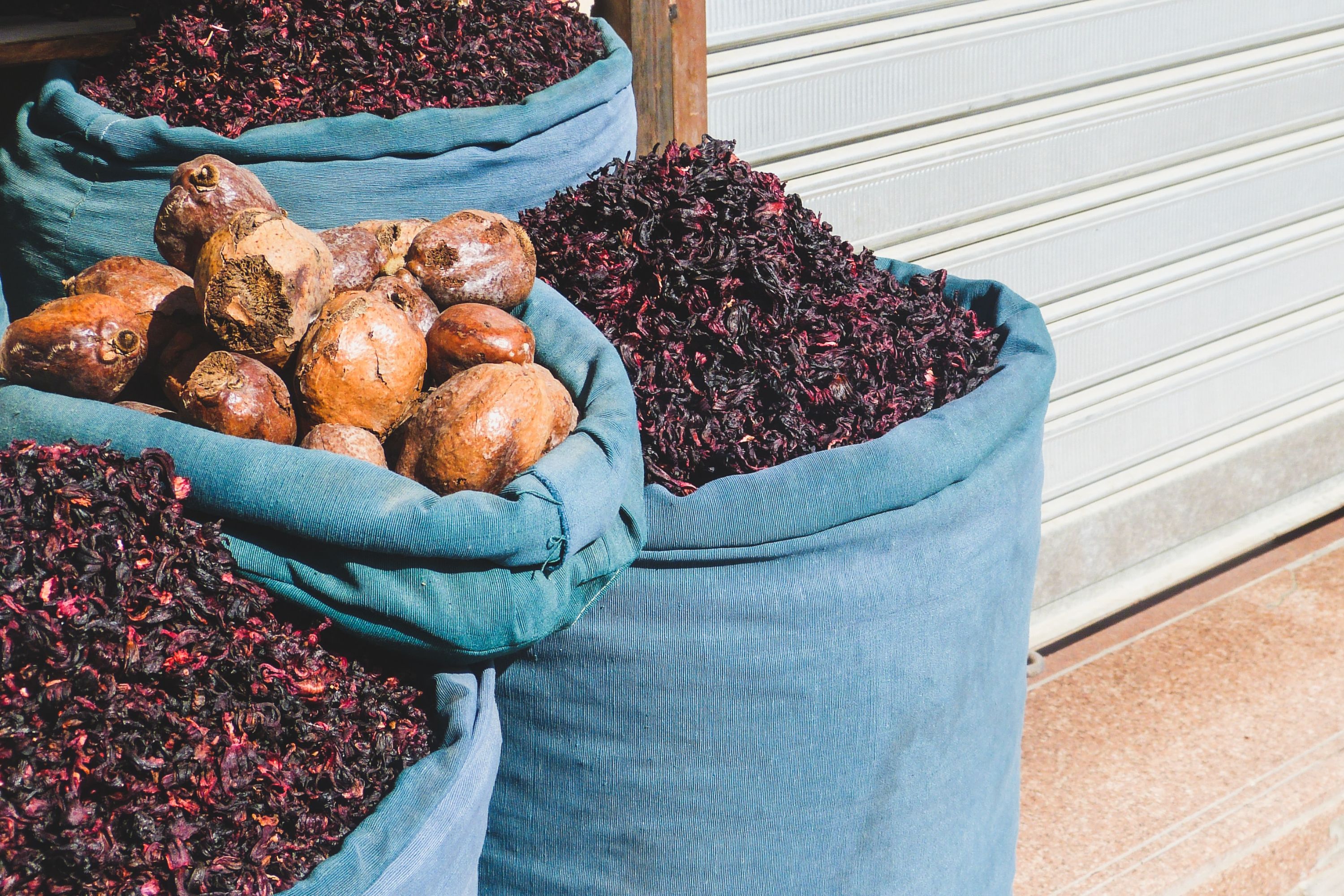 Sacks of food used in traditional Egyptian cooking