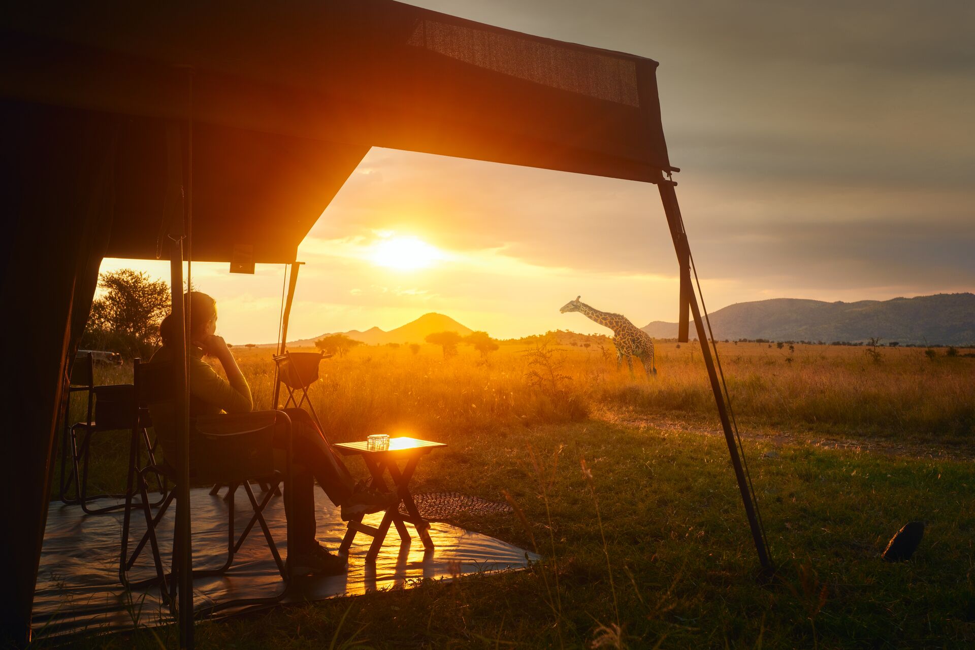Hues of sunset over a mountain with a woman sat, looking out at a giraffe