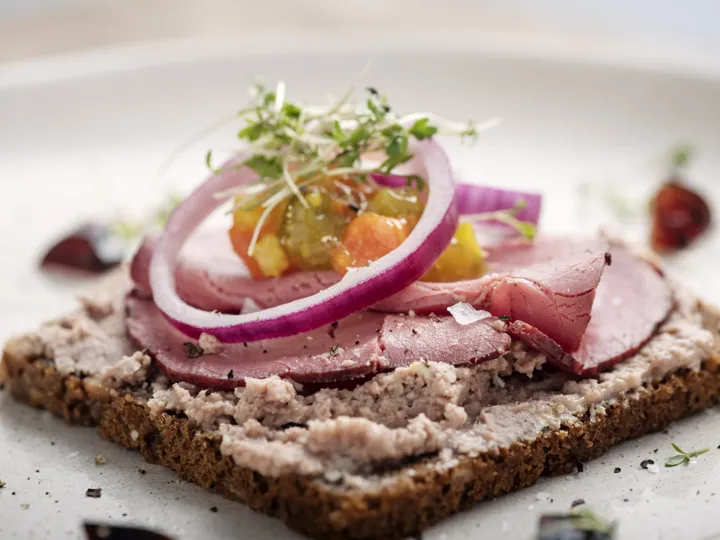 Scandinavia Smorrebrod Sandwich dish with red onion
