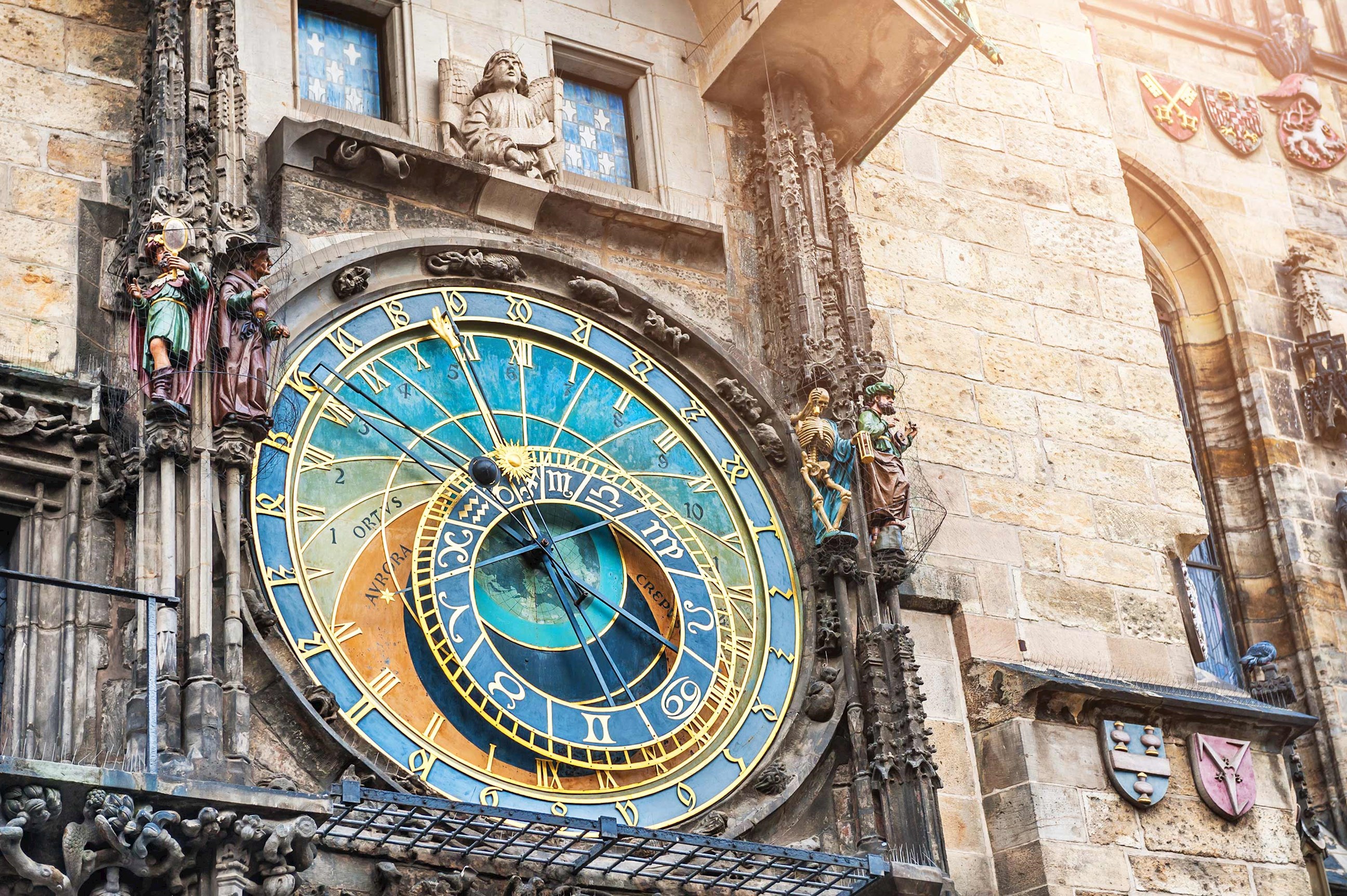 A medieval astronomical clock on the Old Town Hall in Prague, Czech Republic