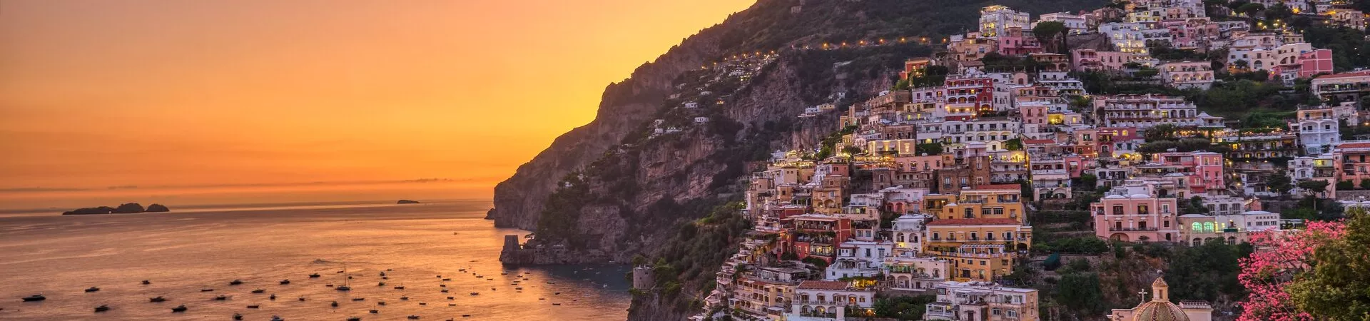 The famous village of Positano in the Italian Amalfi Coast by sunset
