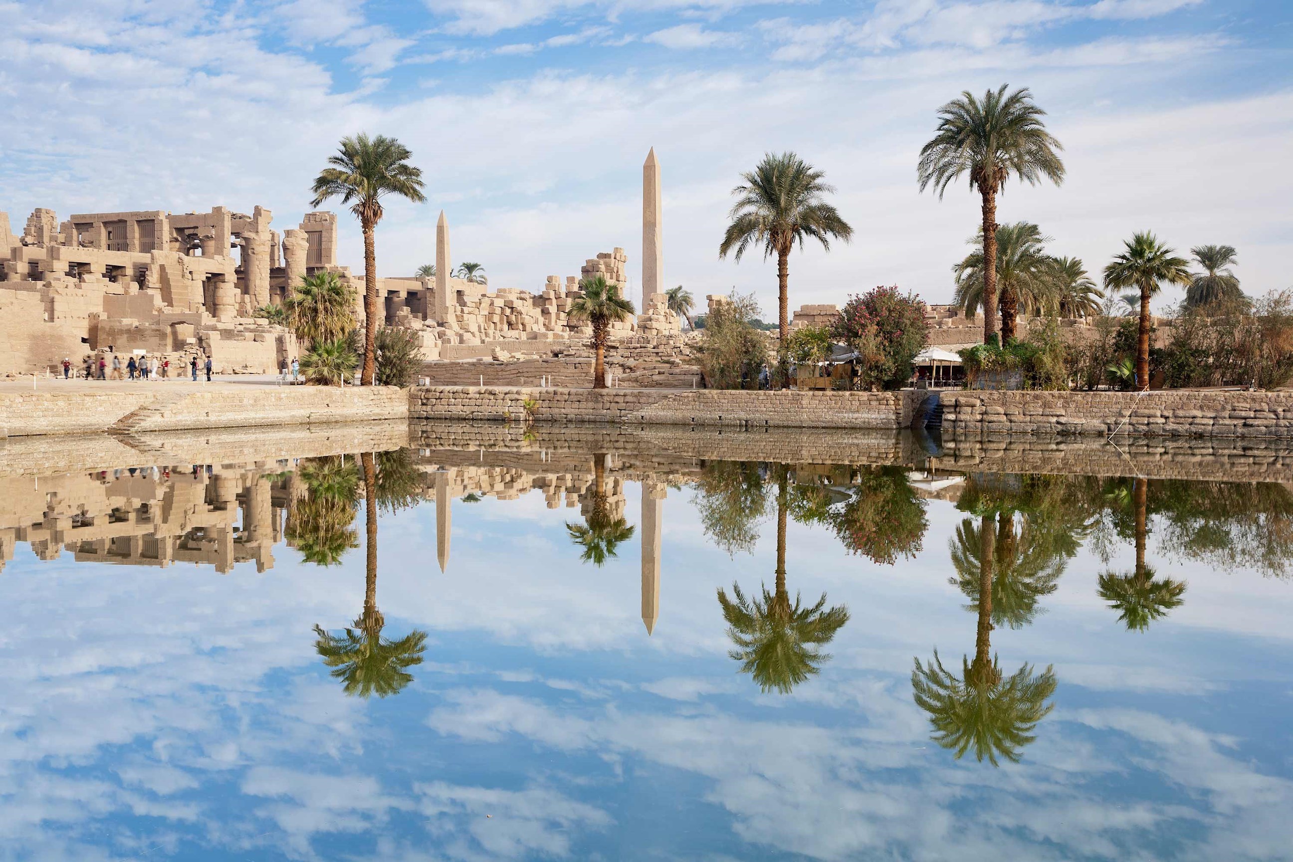 Serene scene of palm trees and structures reflected in water in Luxor, Egypt