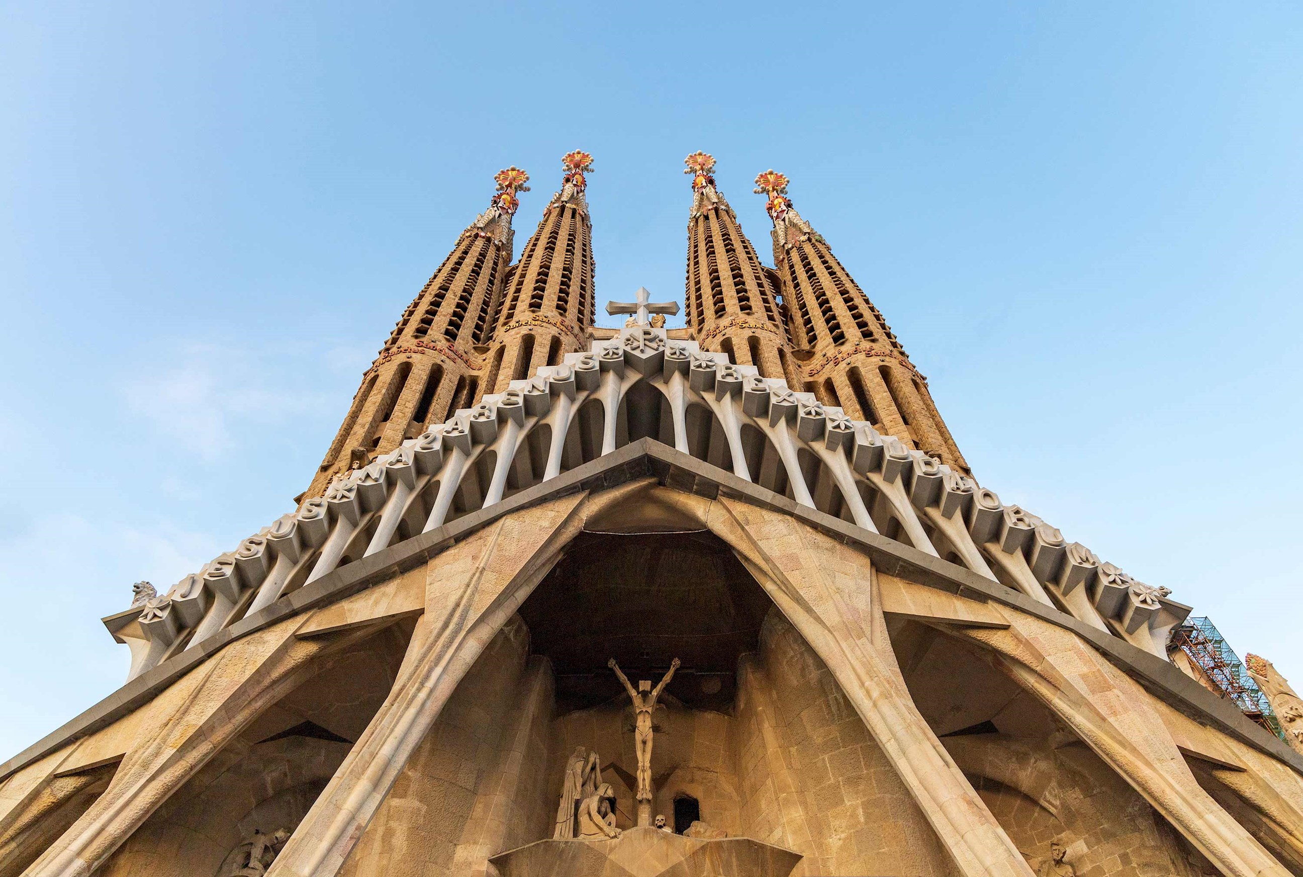 View of intricate stone carving on a building against clear sky in Barcelona, Spain