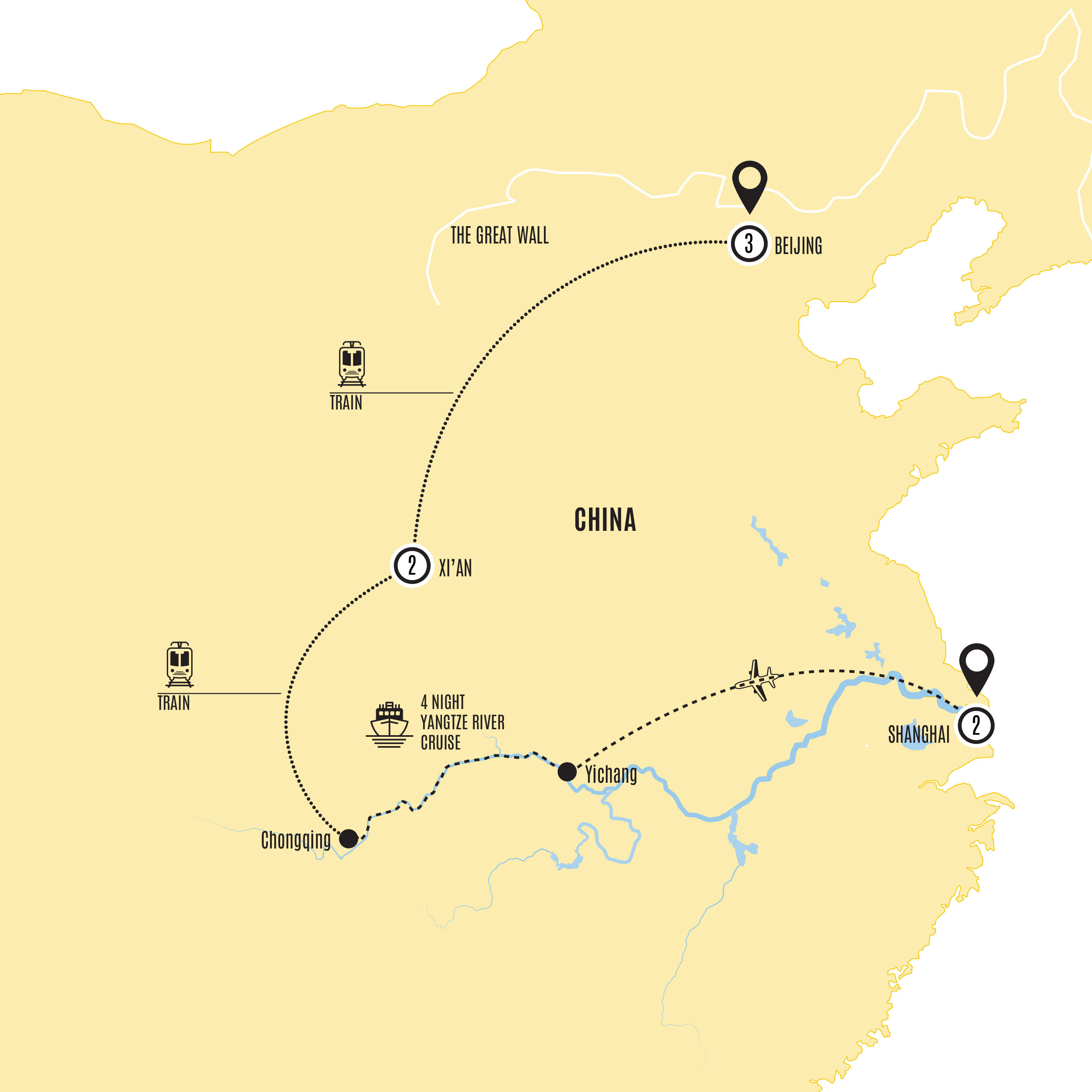 Iconic China with Yangtze Cruise Guided Tour Map 2027