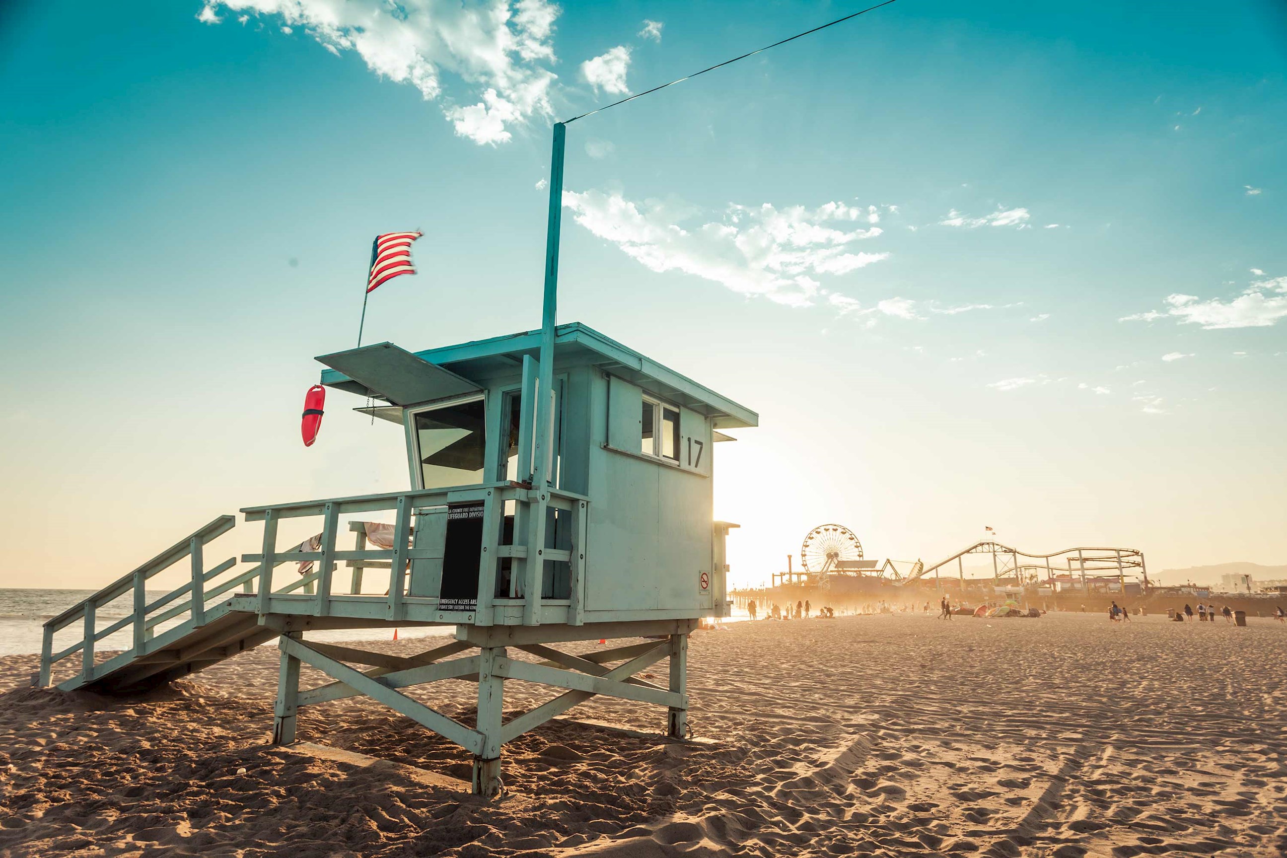 Lifeguard cabin on beach in Los Angeles, USA