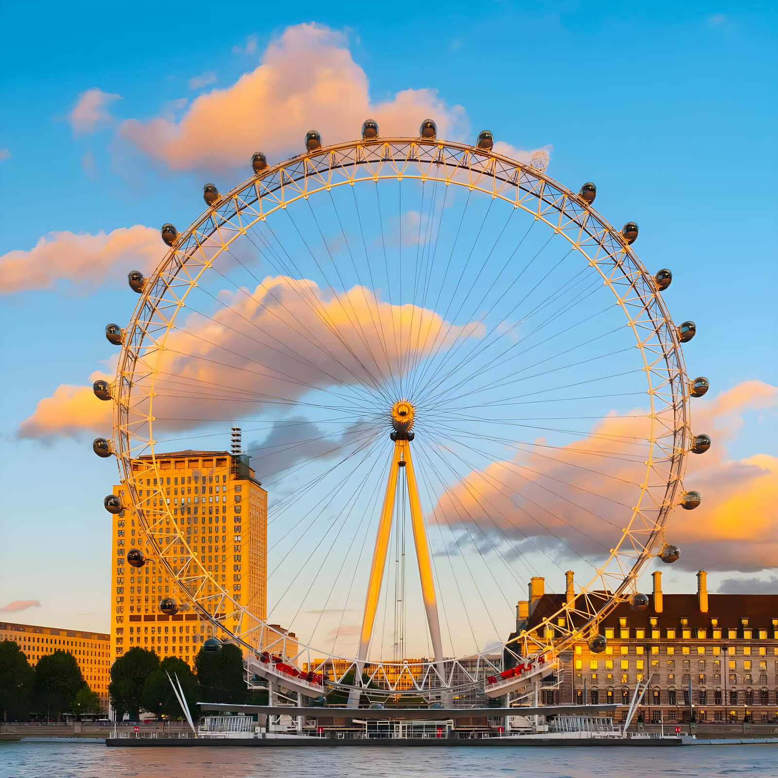London Eye, with boat in the foreground, Southbank, London, England