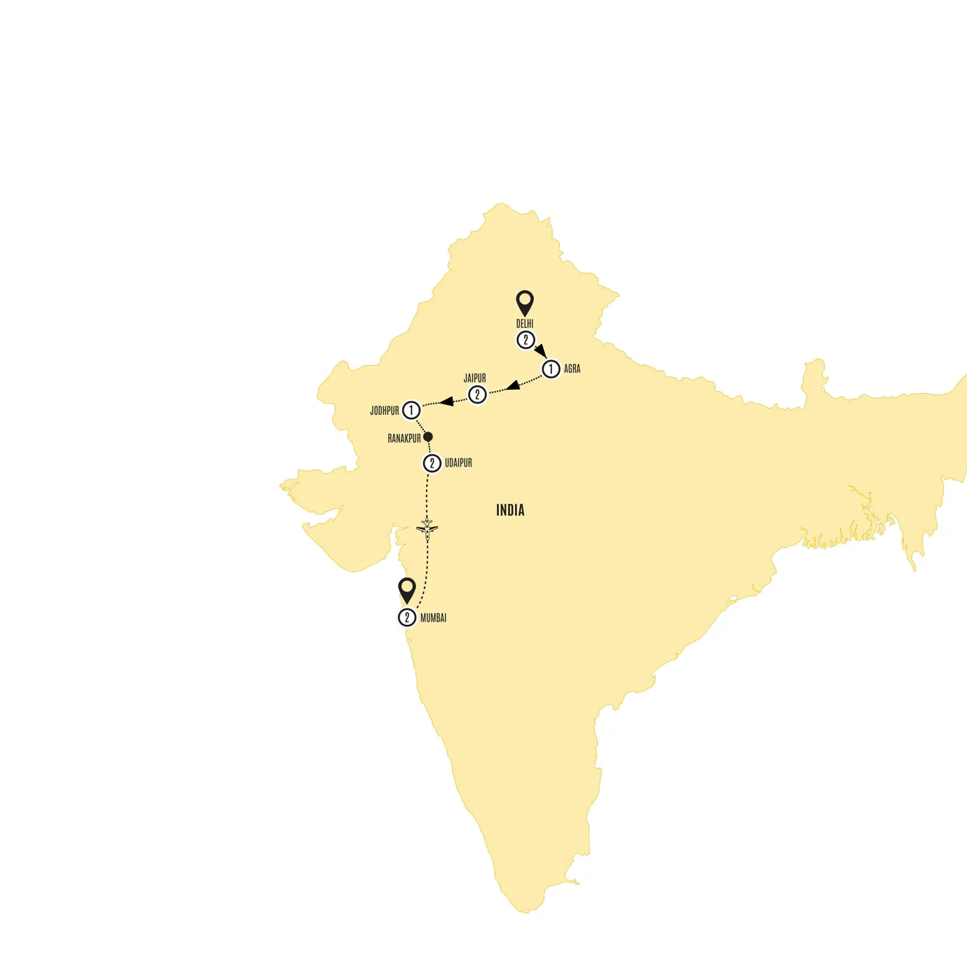 Highlights of Northern India with Mumbai  Guided Tour Map 2025