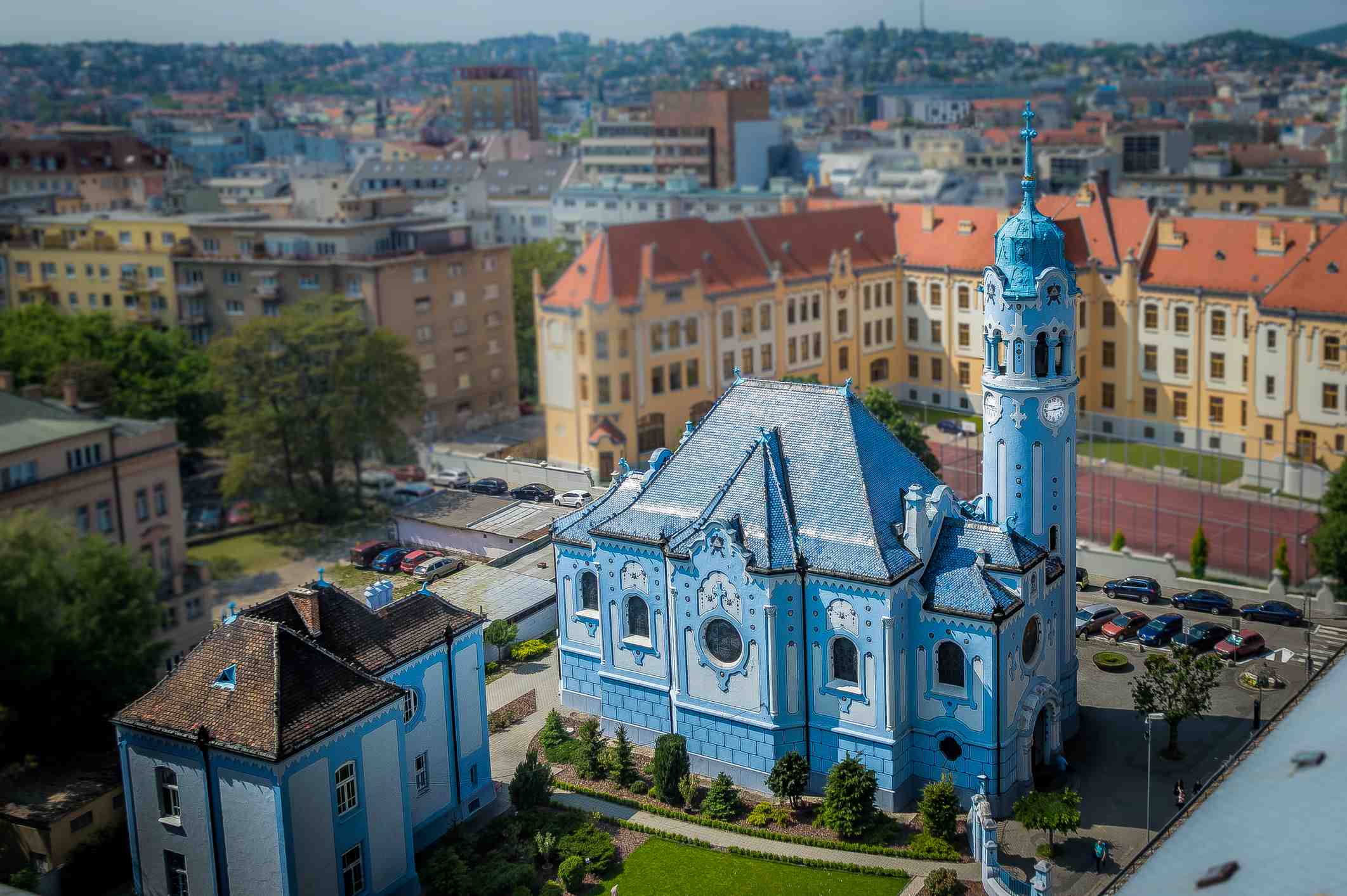 Aerial shot of Bratislava Blue Church in Slovakia