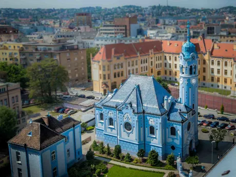 Aerial shot of Bratislava Blue Church in Slovakia