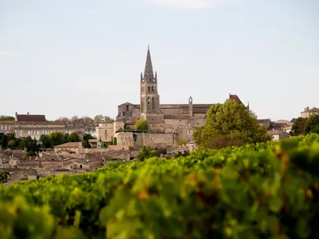 A view of a picturesque village and church in Saint Emilion, Bordeaux, France