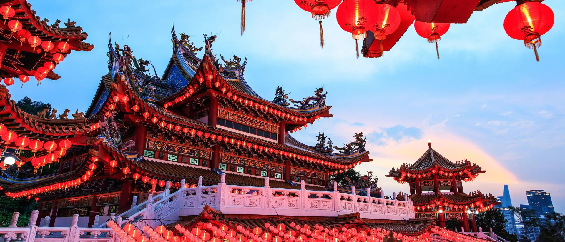 The Thean Hou Temple with red lanterns in the foreground,  during Chinese New Year Celebrations Kuala Lumpur, Malaysia