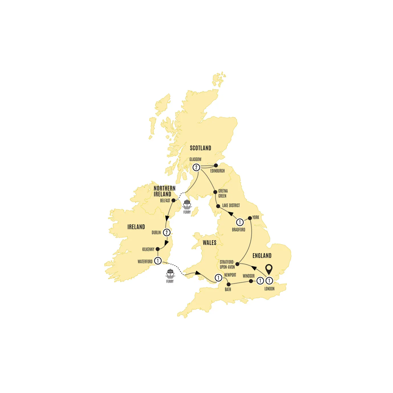 Britain Ireland Delight US Guided Tour Map 2025
