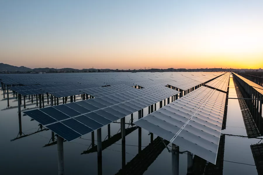 A row of solar panels during sunset