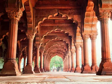 Diwan-i-Am hall at Red Fort with rows of ornate red sandstone arches