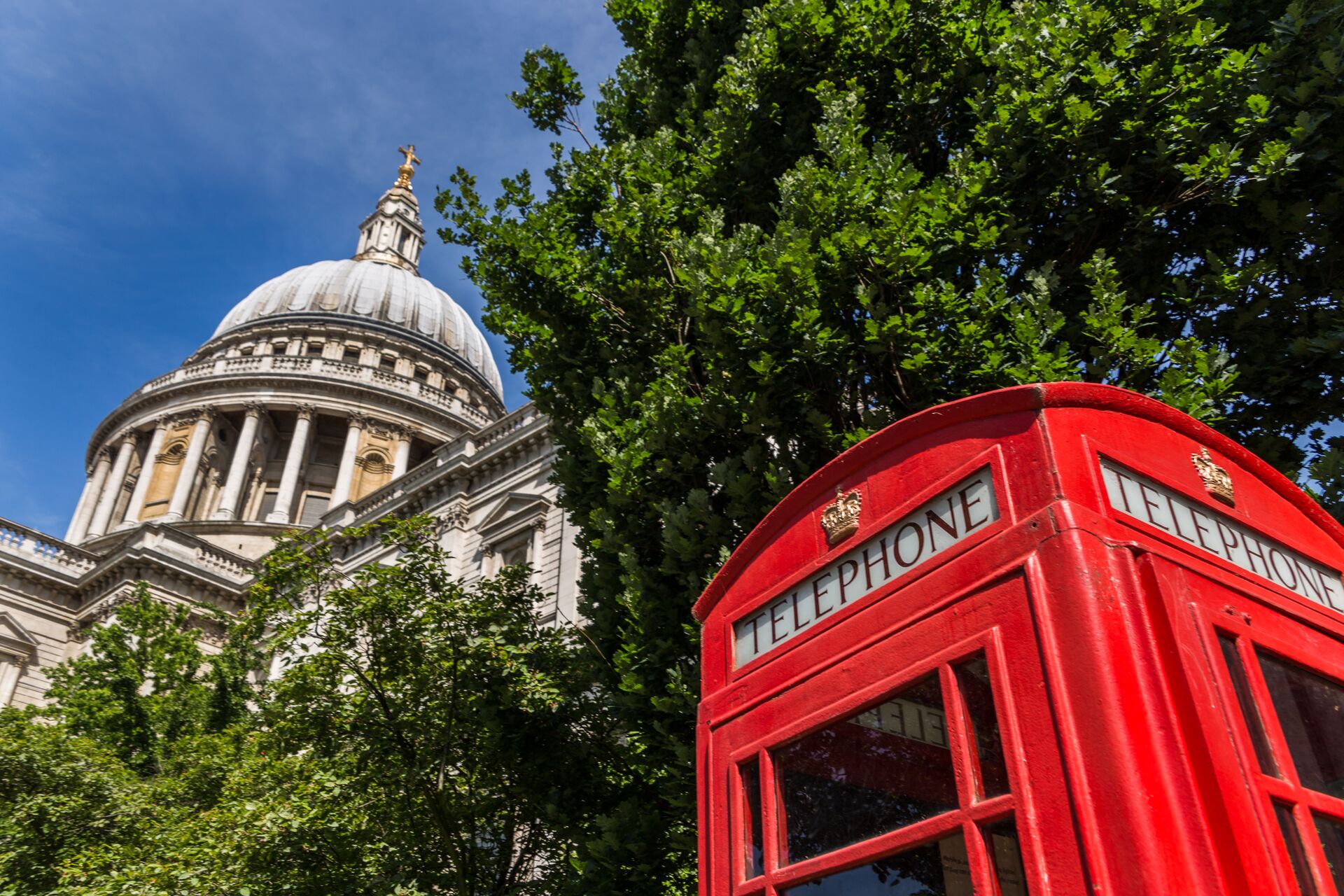 Iconic red phone box in front of St Paul's cathedral