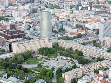 Aerial shot of Freedom Square in Bratislava, Slovakia
