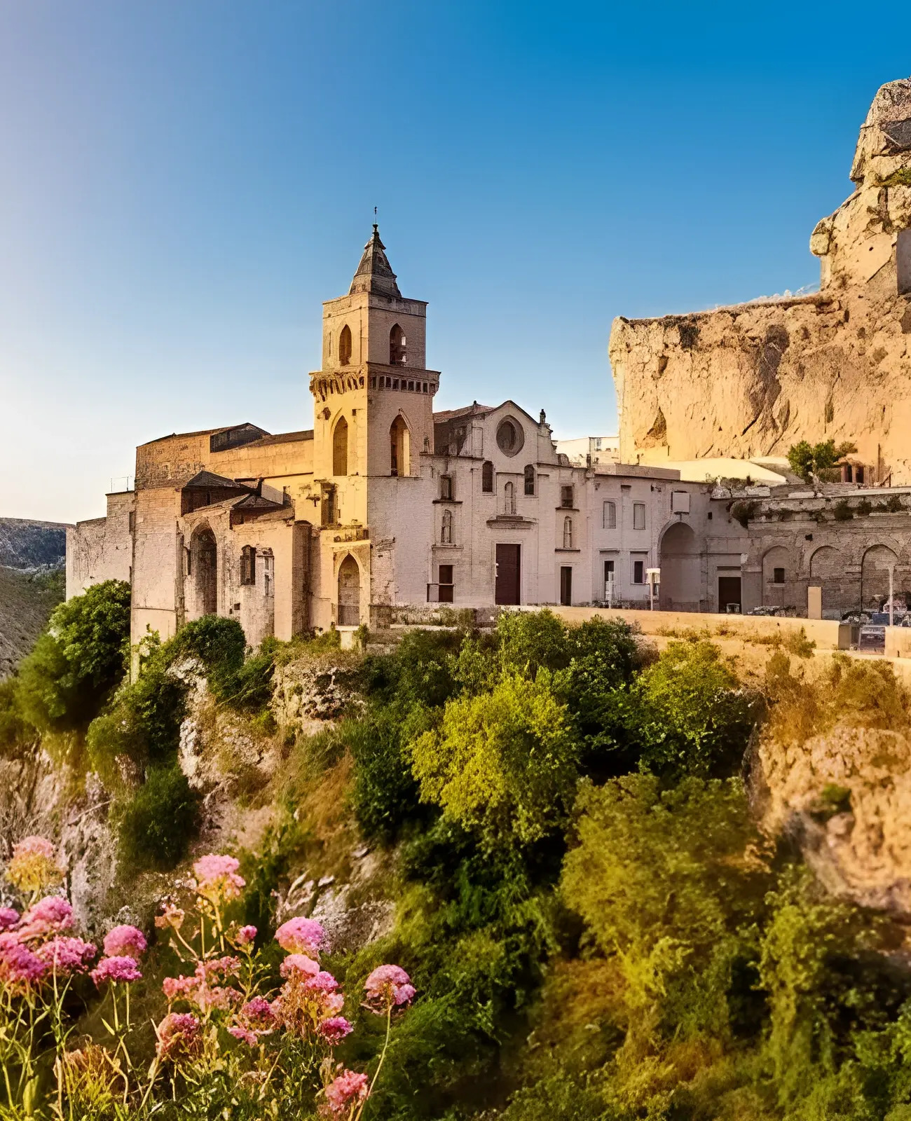 A castle on top of a cliff with flowers in the foreground in Matera, Italy