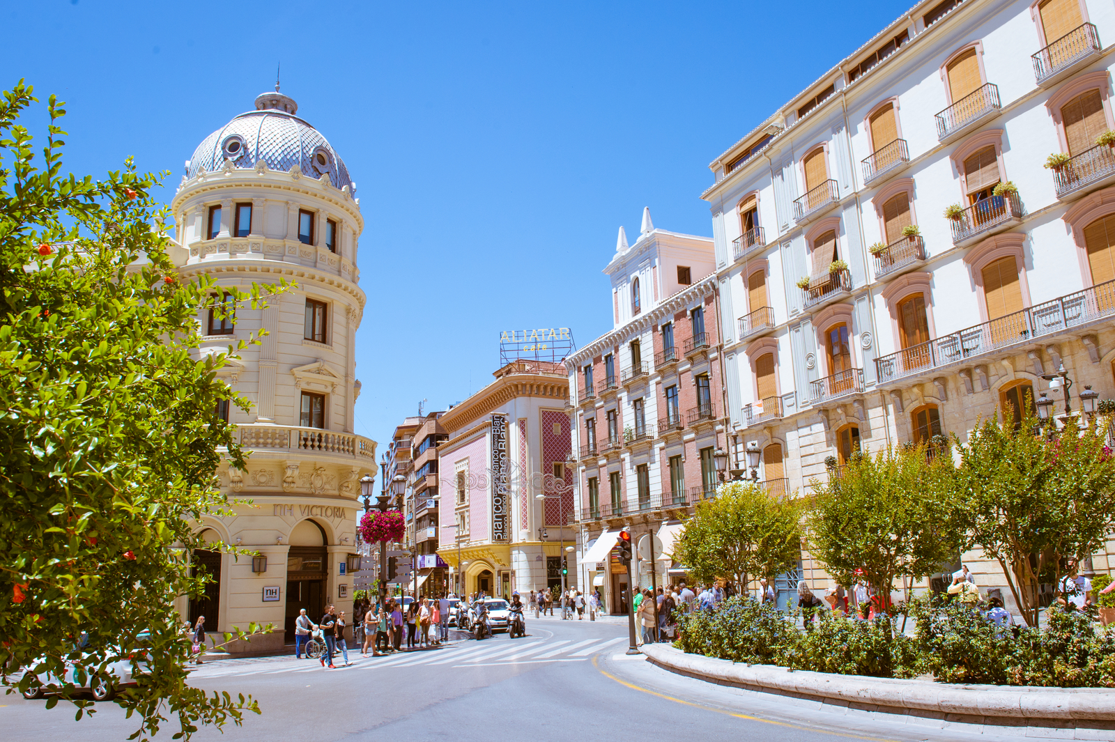 Busy city square surrounded by historic buildings and trees in Granada, Spain