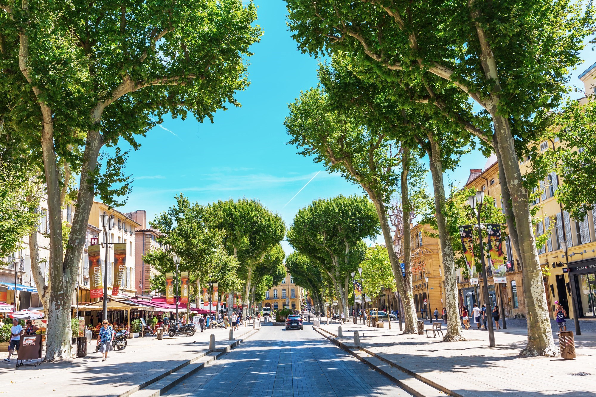 A sunny view of tree-lined street with cafes in Aix-en-Provence, France