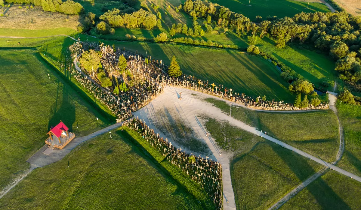 An aerial view of Hill of Crosses in Siauliai, Lithuania