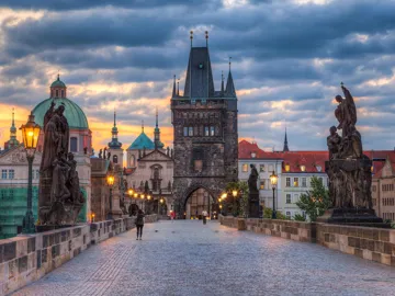 Charles Bridge at dusk in Prague, Czech Republic