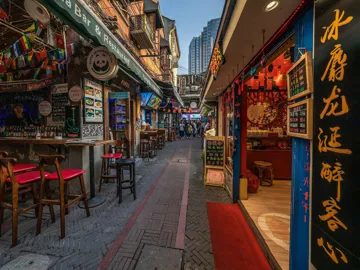 Narrow alley in Shanghai’s Tianzifang lined with bars and restaurants