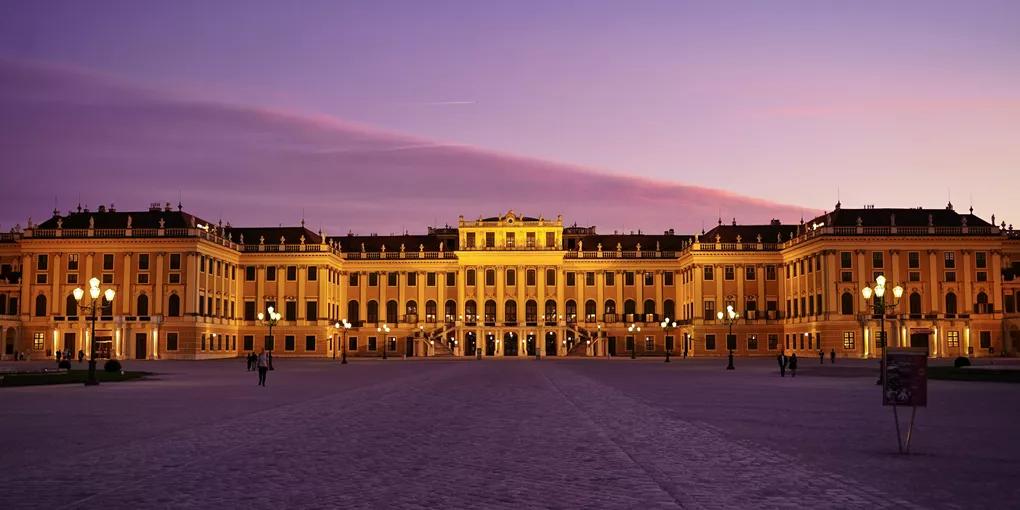 A view of Schonbrunn Palace in Vienna by night