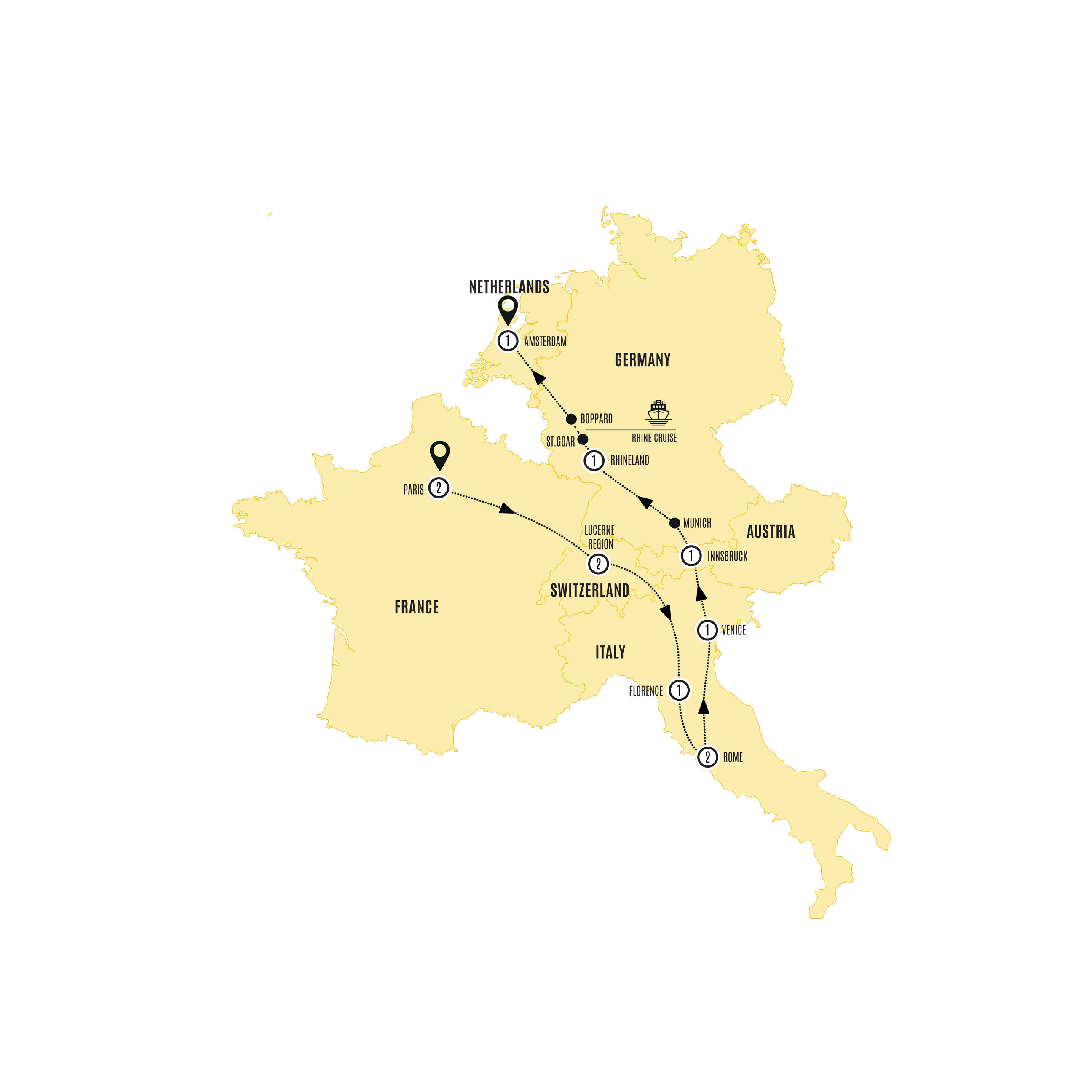 European Experience Paris Amsterdam Guided Tour Map 2026