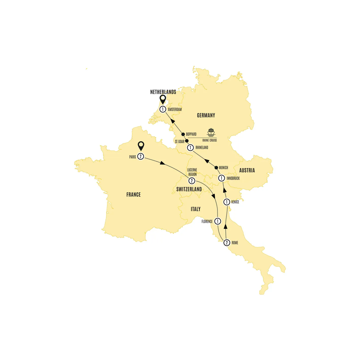 European Experience Paris Amsterdam Guided Tour Map 2026