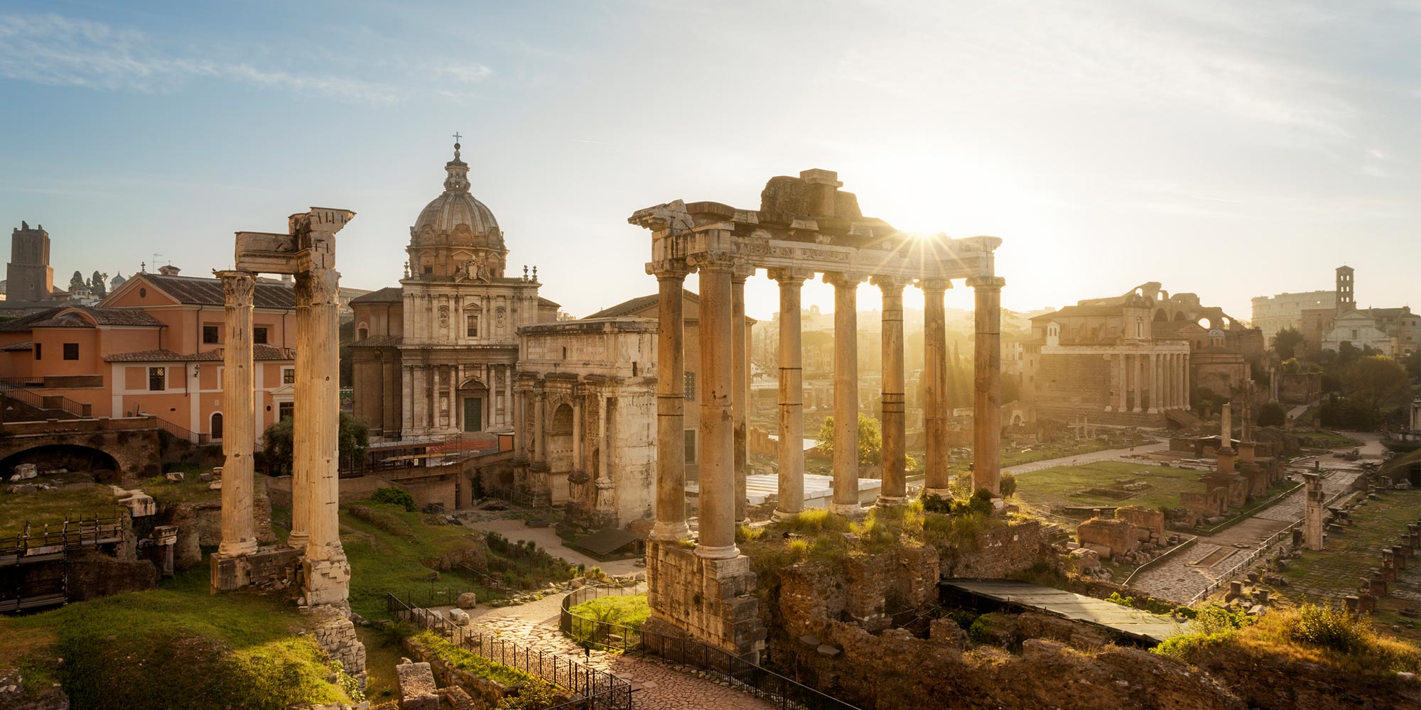Aerial perspective of the Forum in Rome, Italy