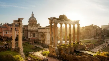 Aerial perspective of the Forum in Rome, Italy