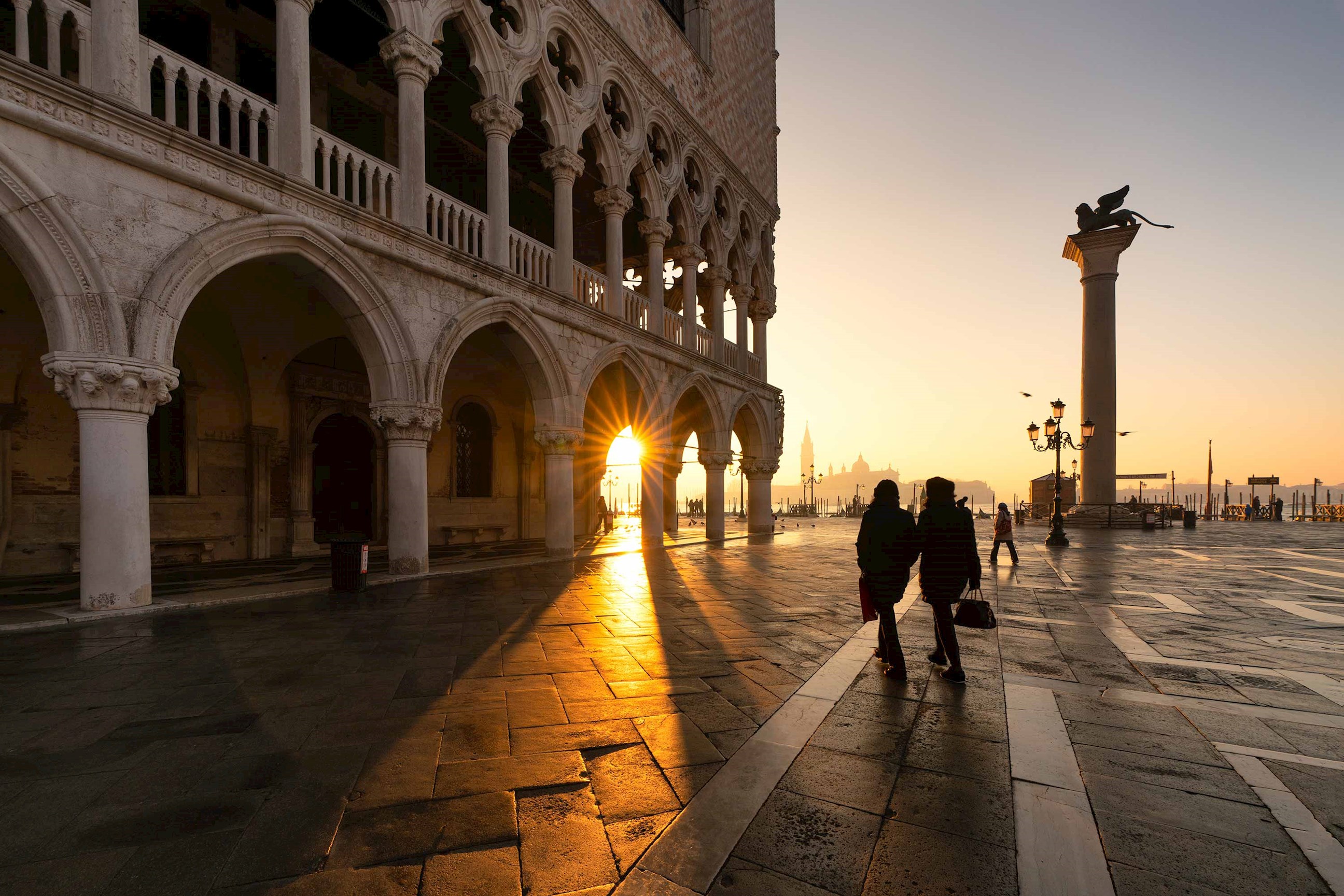 Sunrise casting shadows at St. Marks Square in Venice, Italy