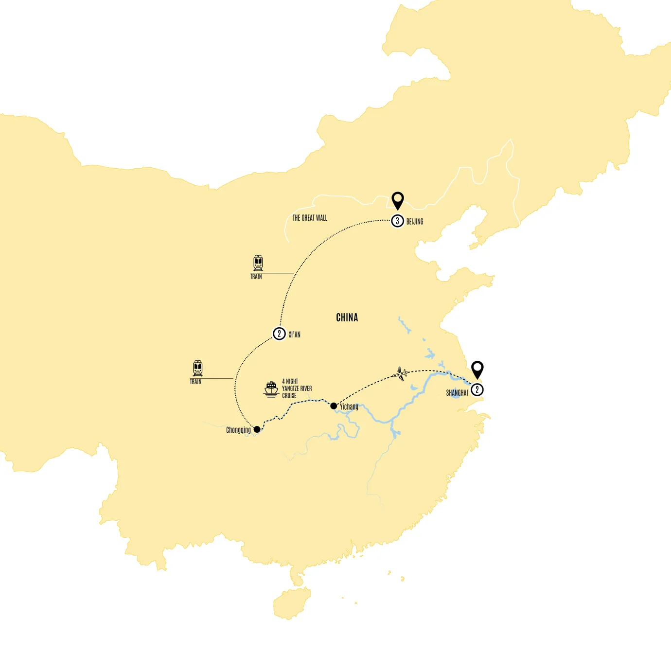 Iconic China with Yangtze Cruise Guided Tour Map 2027