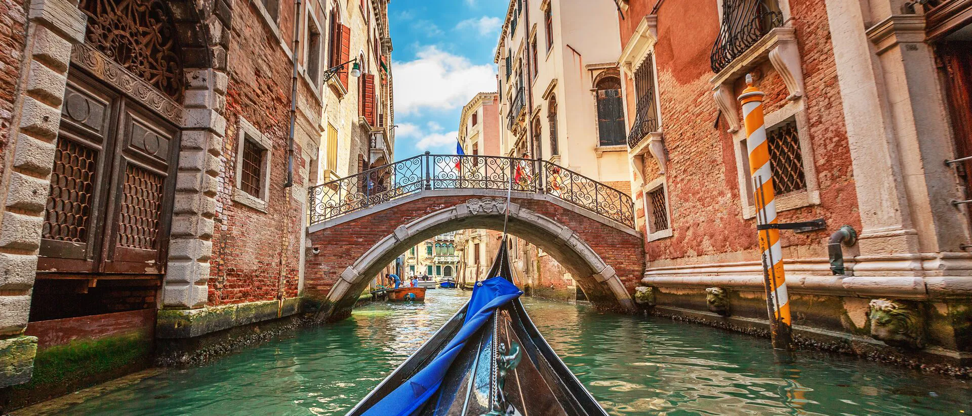 Point of view from a Gondola approaching a bridge